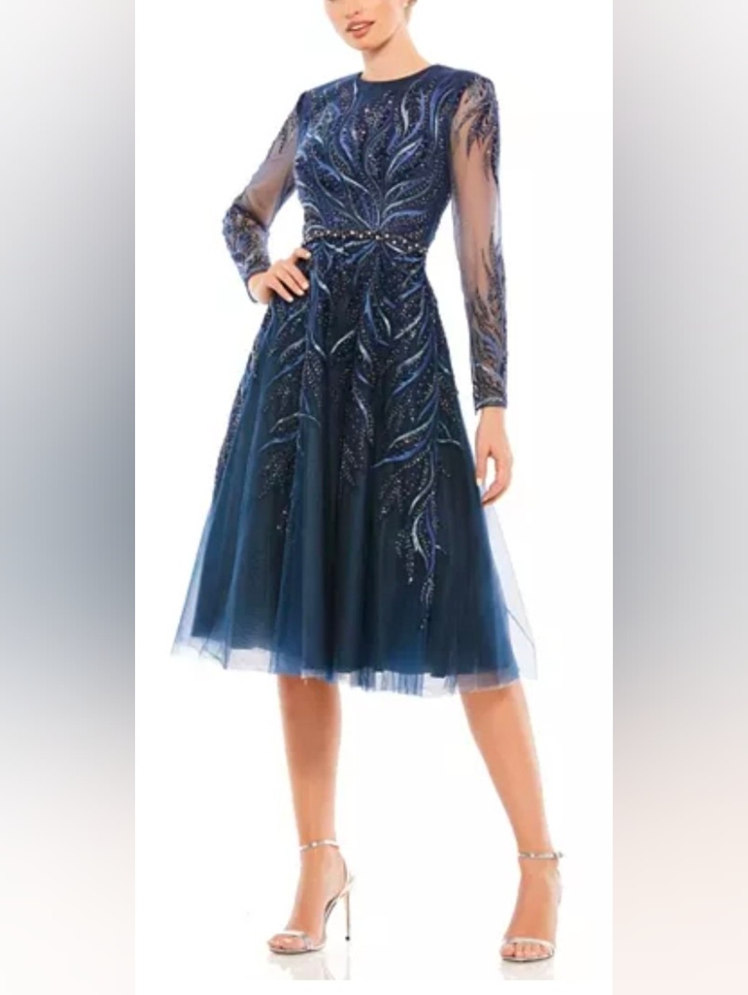 Mac Duggal Women's Embellished Tea-Length Illusion Navy Cocktail Dress